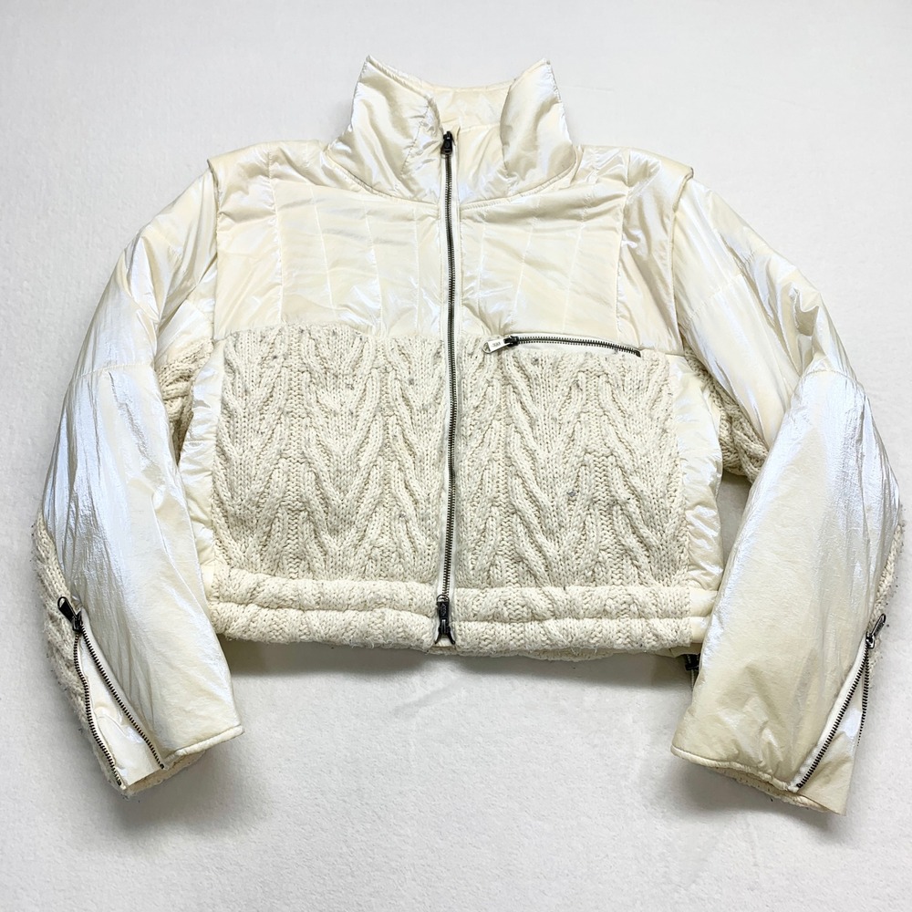 FP Movement Hybrid Cable Knit Puffer Jacket Womens Size L White Mixed Media Crop